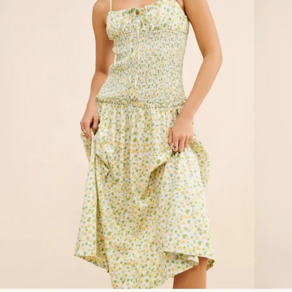 Free People Lavender Daze Smocked Floral Midi Dress XS Cream Yellow Green